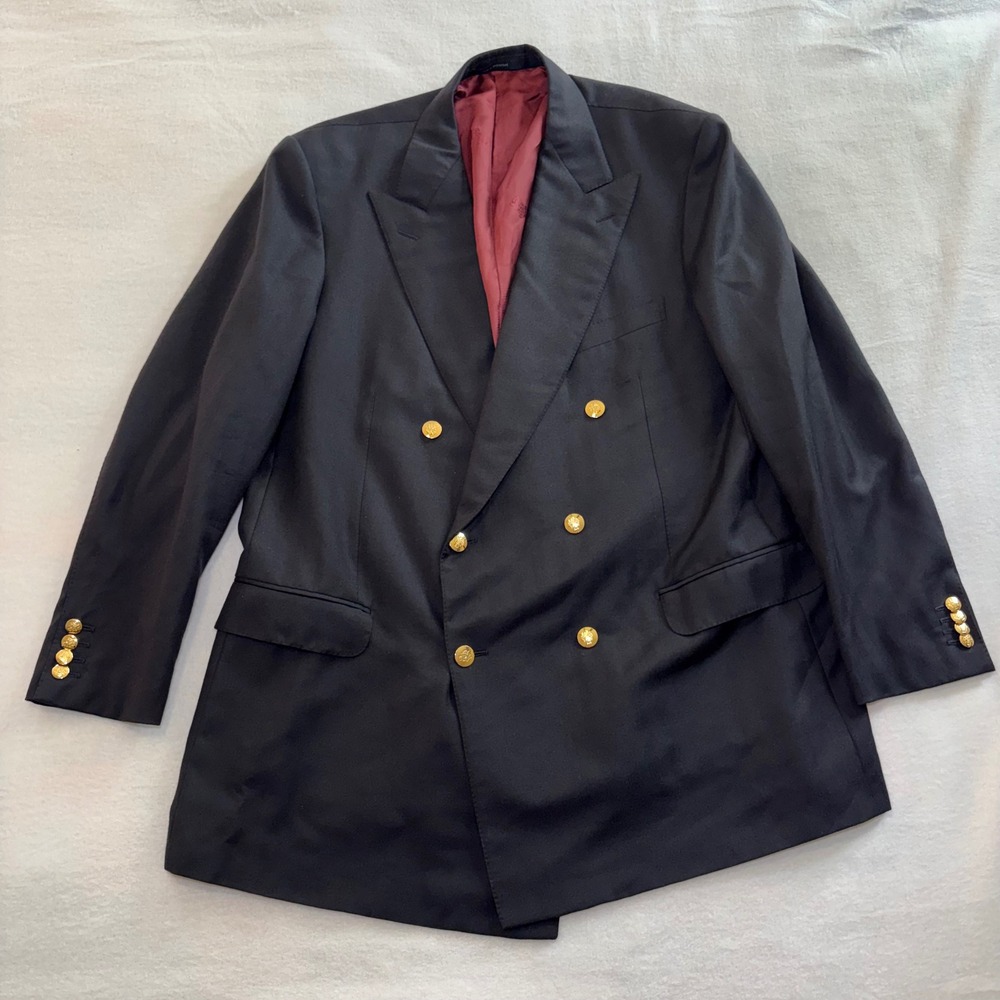 Ermenegildo Zegna Double Breasted Wool Blazer Black Mens 48R Gold Buttons VTG